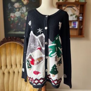 ☾ Vintage Bobbie Brooks embroidered and beaded Christmas sweater cabin scene